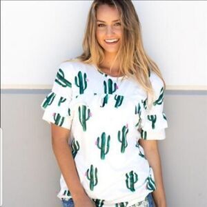 Tickled Teal Cactus Print Top Ruffles sz S